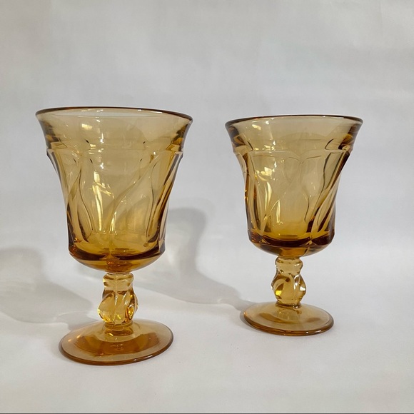 Vintage Large Amber Glass Goblet Set